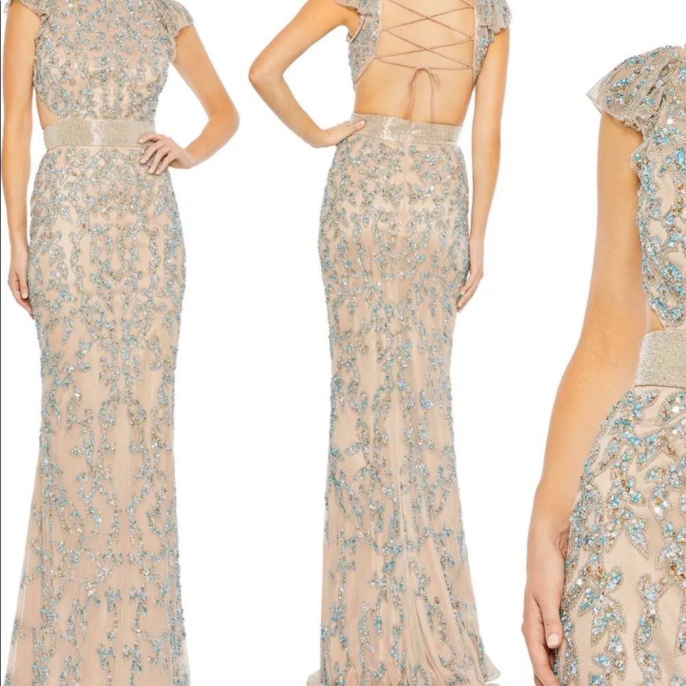 Mac Duggal Maxi Dress. Damask Sequin Open Back Gown